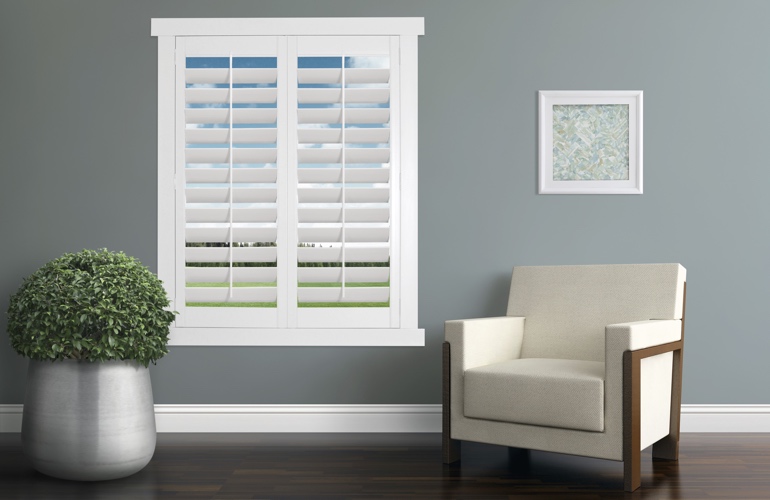 Plantation shutters in a gray contemporary room